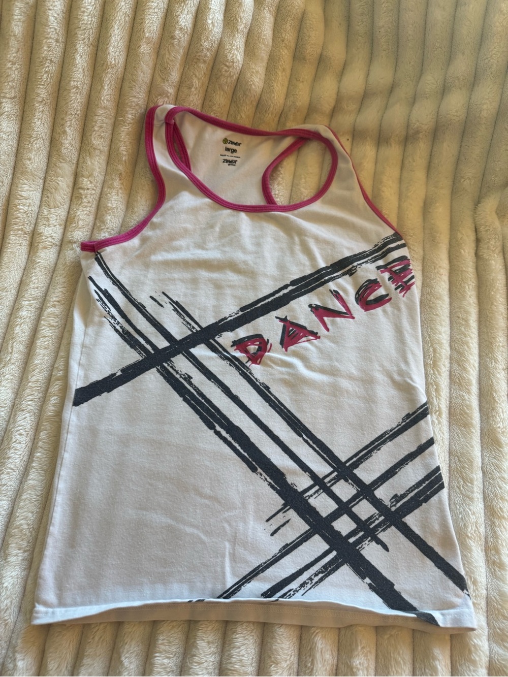 Zumba Fitness White Racerback Tank with Pink Trim and Black Graphic